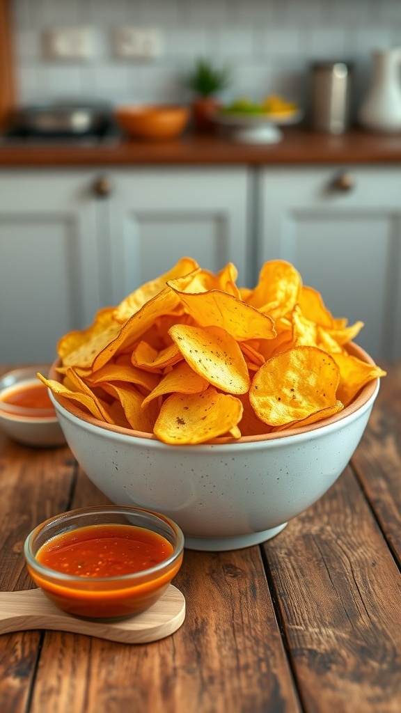 A bowl of crispy potato chips with a side of dip on a rustic wooden table.